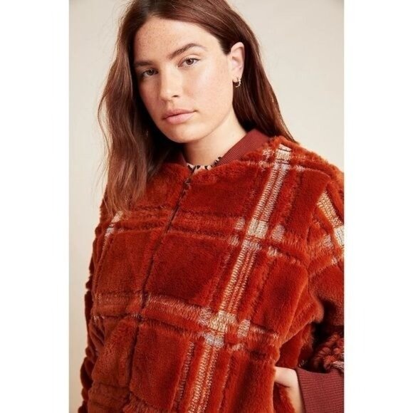 Anthropologie Plaid Teddy Bomber Jacket Rich Rust Cozy Soft Cabin Holiday 1X - Picture 5 of 13